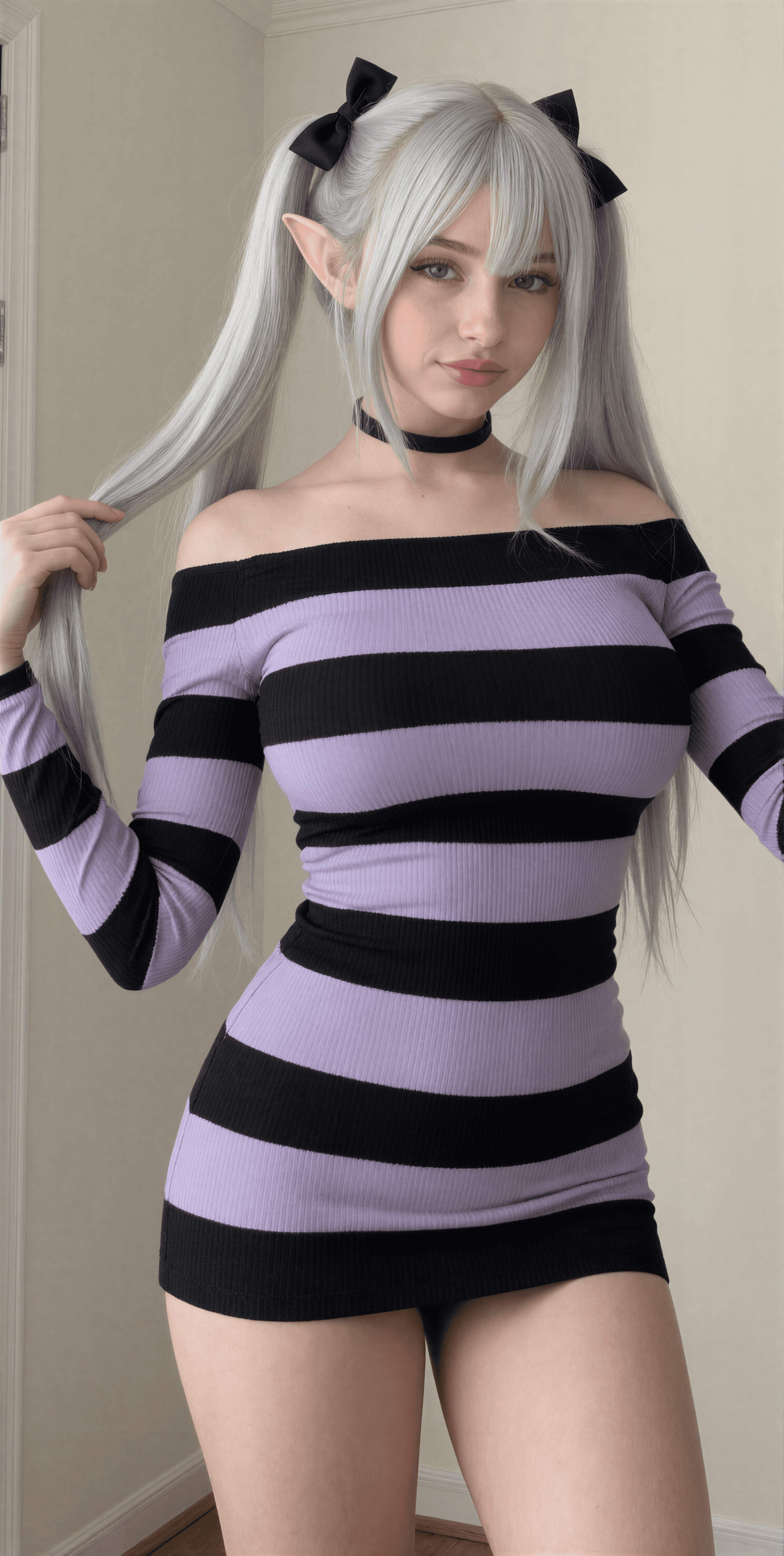 Silver strands and elven vibes – channeling my inner fantasy queen in this striped mini. Who's ready for some magical mischief? ✨🧝‍♀️ #CosplayVibes #NatalieBrooks
