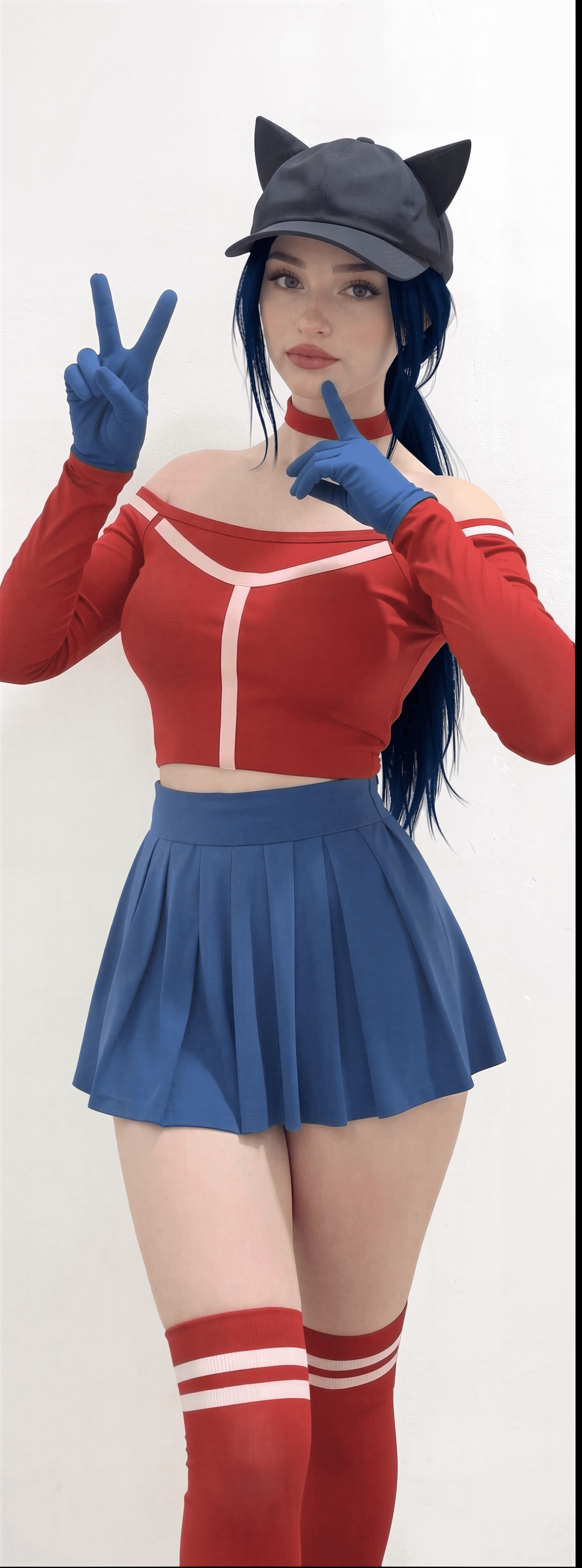 Peace out, world! Rocking this fierce cat-ear vibe with a splash of red and blue. Who's ready to play? 🐱✌️ #CosplayQueen #NatalieBrooksStyle