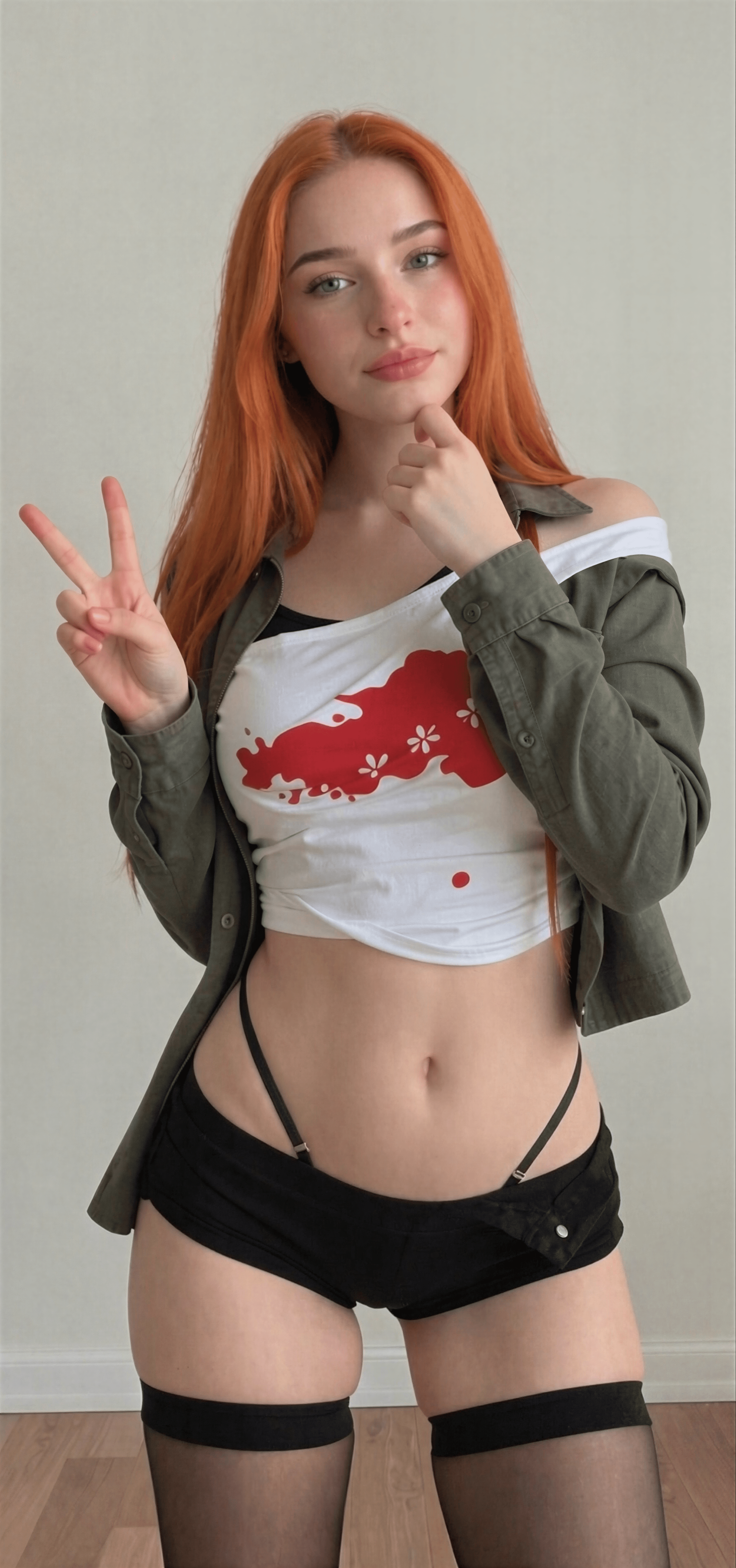 Feeling playful in my fave cropped tee and garters – peace out, loves! 💋✌️ Who's ready for some weekend vibes? #NatalieBrooks #RedheadGlow