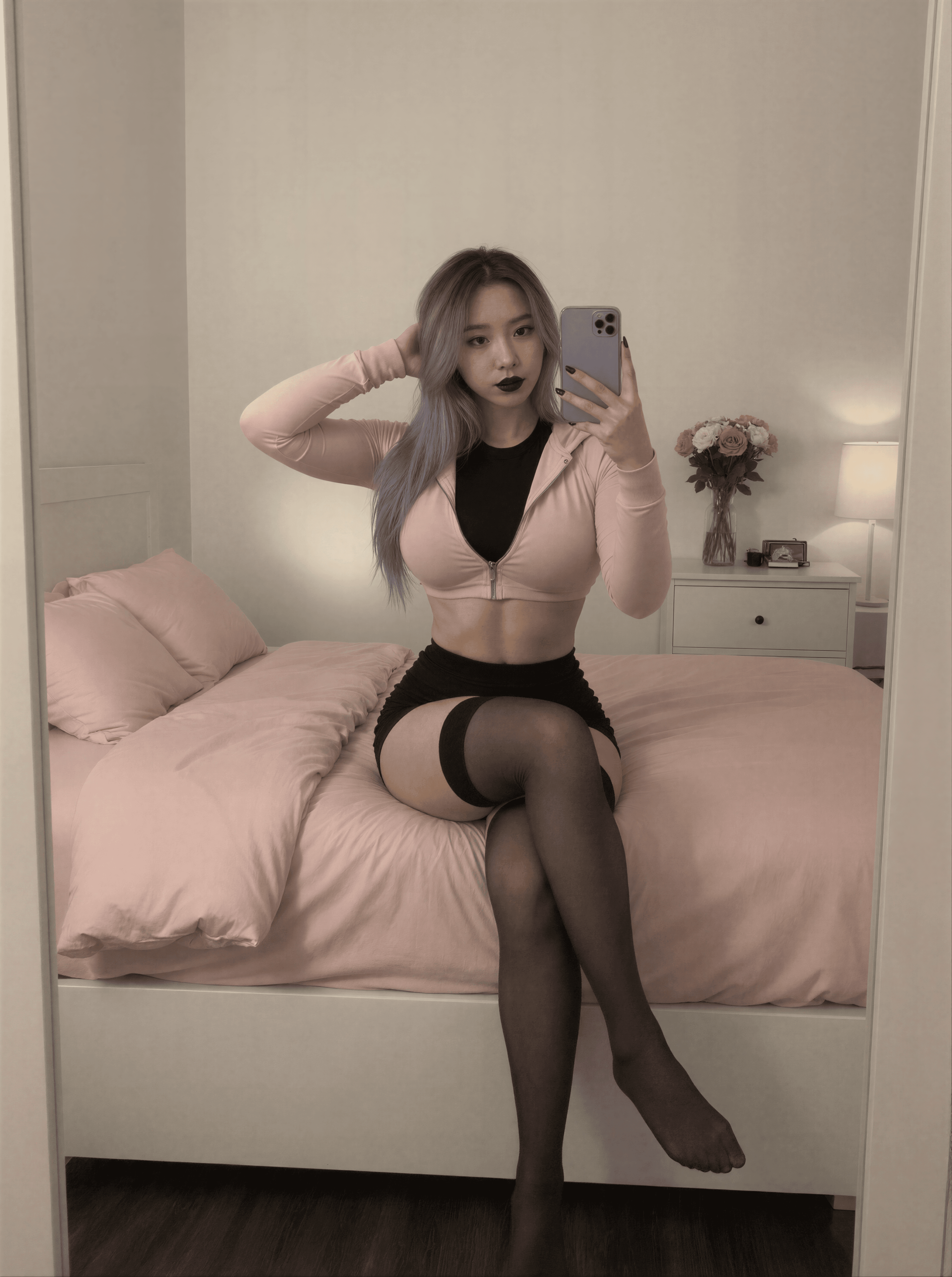 Embracing my inner shadow in soft pink vibes. Who's ready to dive into the night with me? 💜🖤 #DonnaDark #GothGlam #SelfieVibes