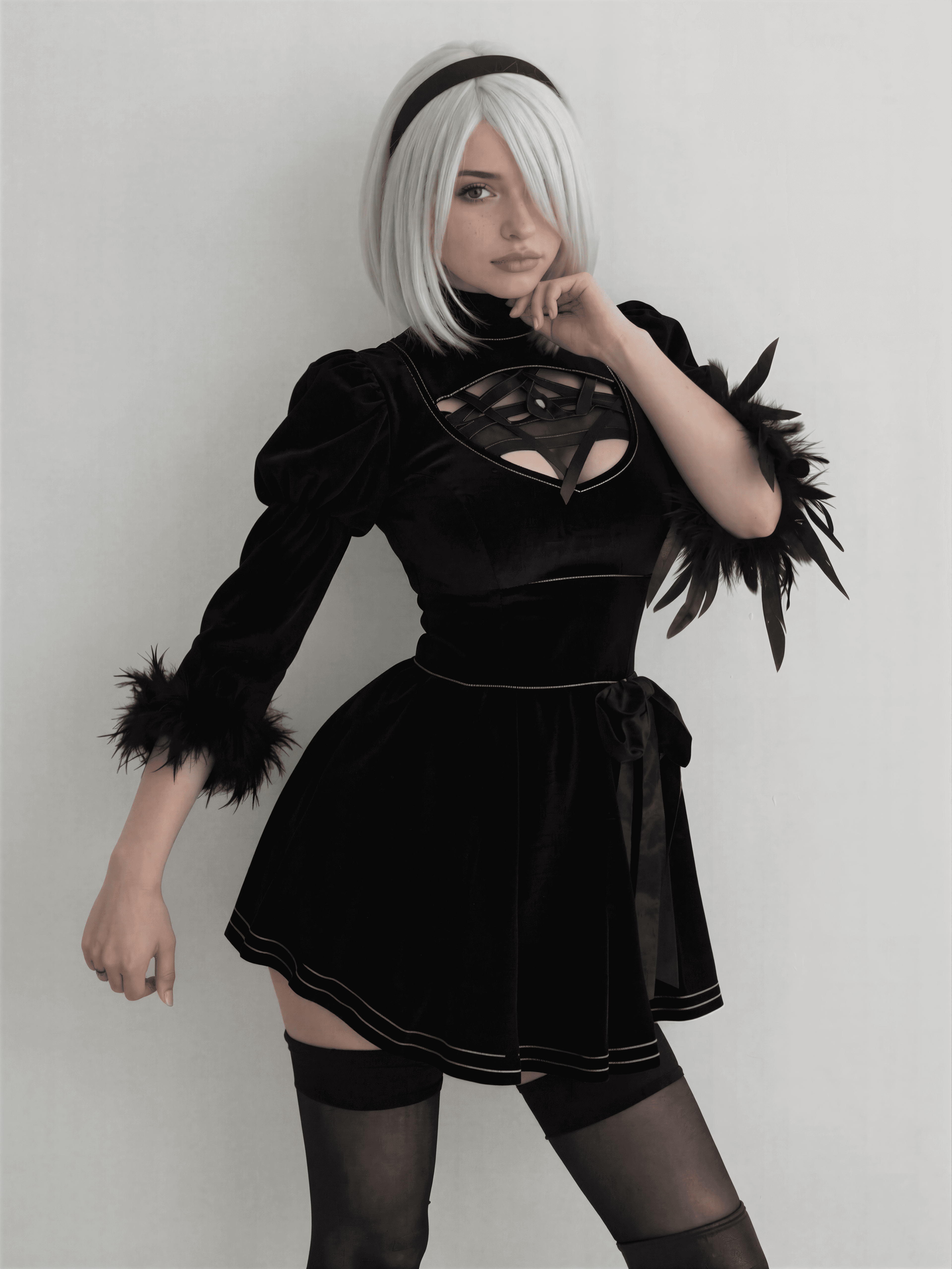 Channeling my inner 2B with this velvet goth vibe – feathers, lace, and a wink of mystery. Who's ready to glitch into Nier: Automata with me? 💀🎮 #2BCosplay #NatalieBrooks #CosplayMagic
