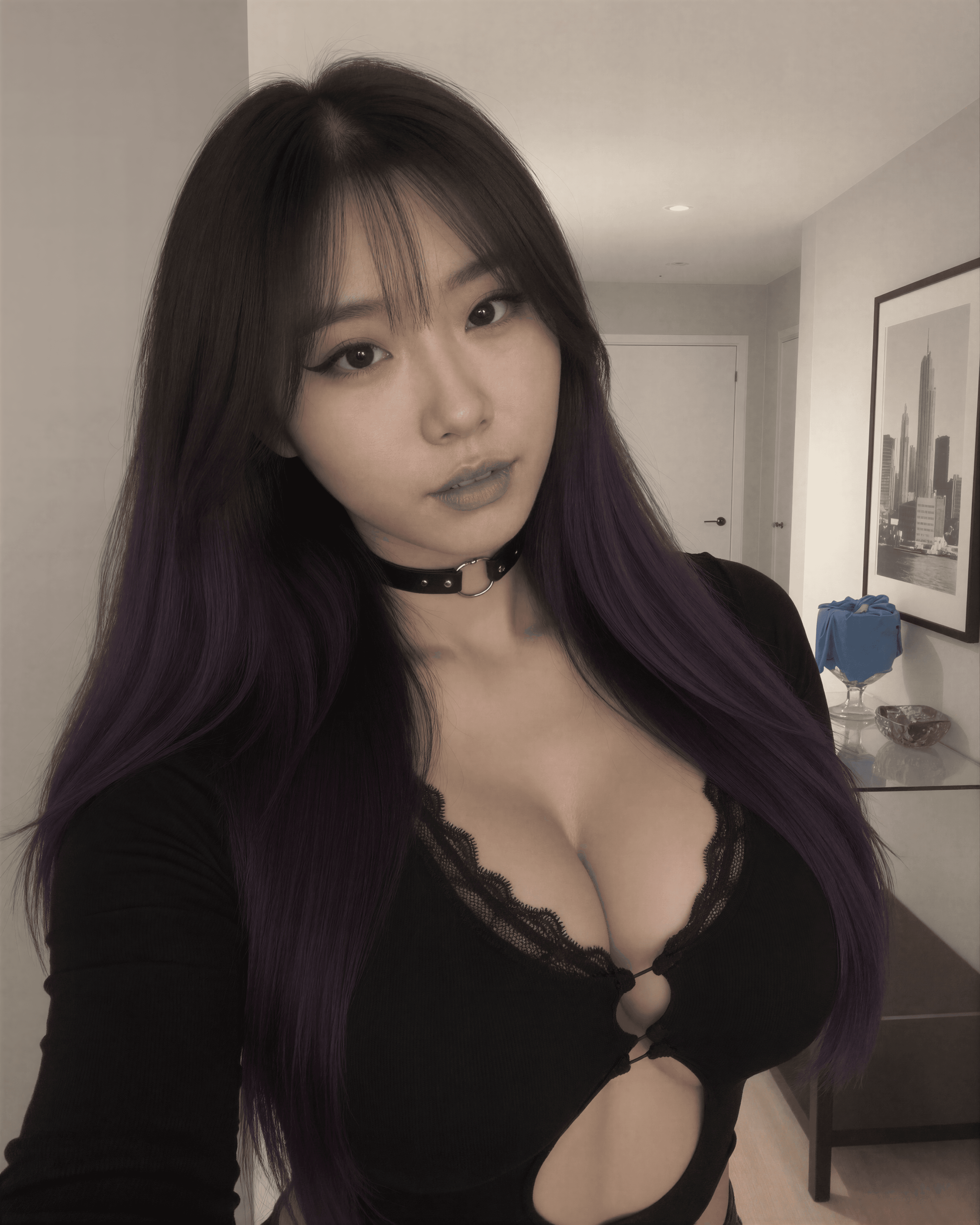Embracing the shadows in my favorite black lace—choker on, vibe dark and daring. Who's ready to dive into the night with me? 💜🖤 #DonnaDark #GothGlam