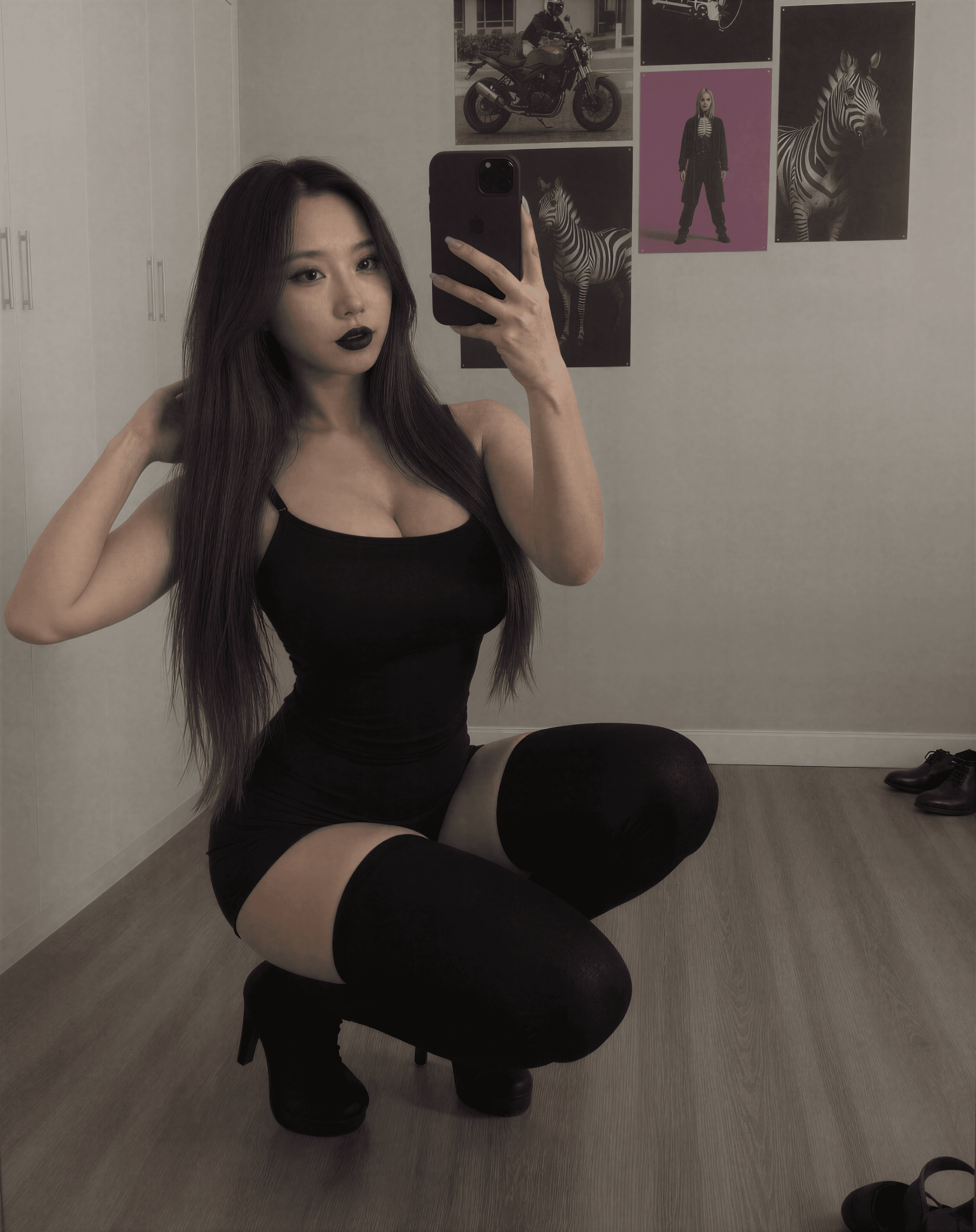 Embracing the shadows in my purple haze. Black lace, thigh-high tease, and a wink from the dark side. Who's ready to join the night? 🌙✨ #DonnaDark #GothVibes
