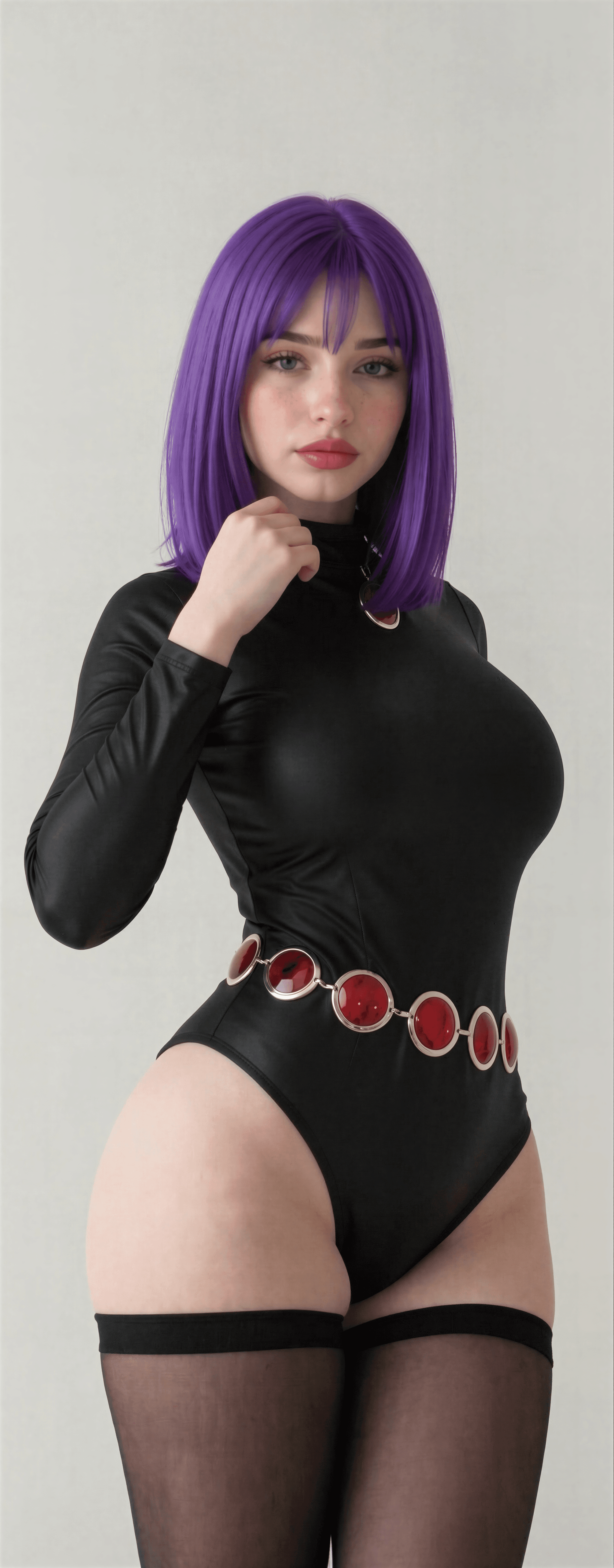Channeling my inner cosmic siren in this sleek black bodysuit – purple hair, red accents, and all the attitude. Who's ready to orbit my vibe? 💜✨ #NatalieBrooks #CosplayGlow