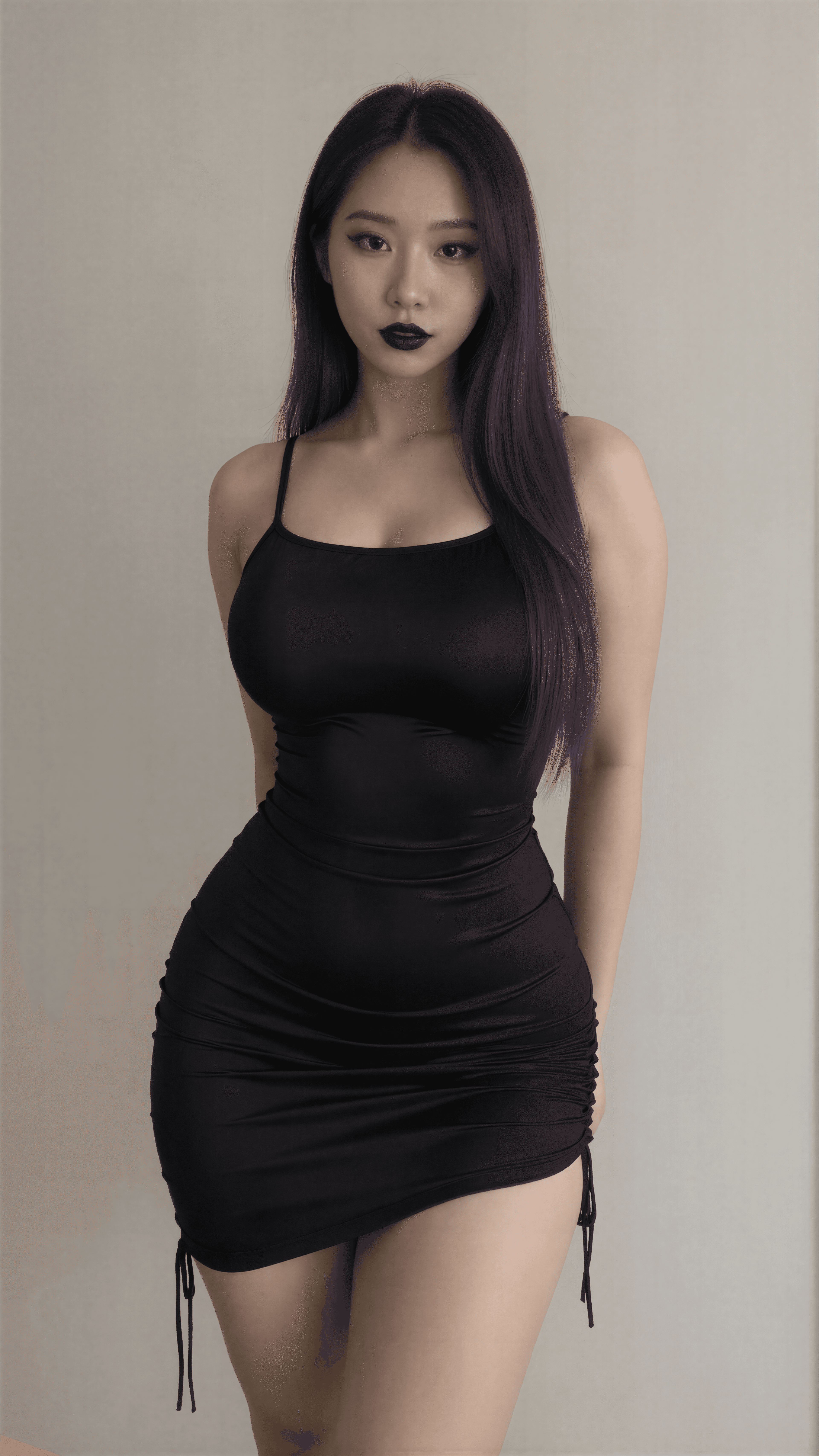 Embracing my inner shadow in this sleek black slip. Purple hair, dark lips, endless vibes. Who's ready to dive into the night with me? 🌙✨ #DonnaDark #GothGlam