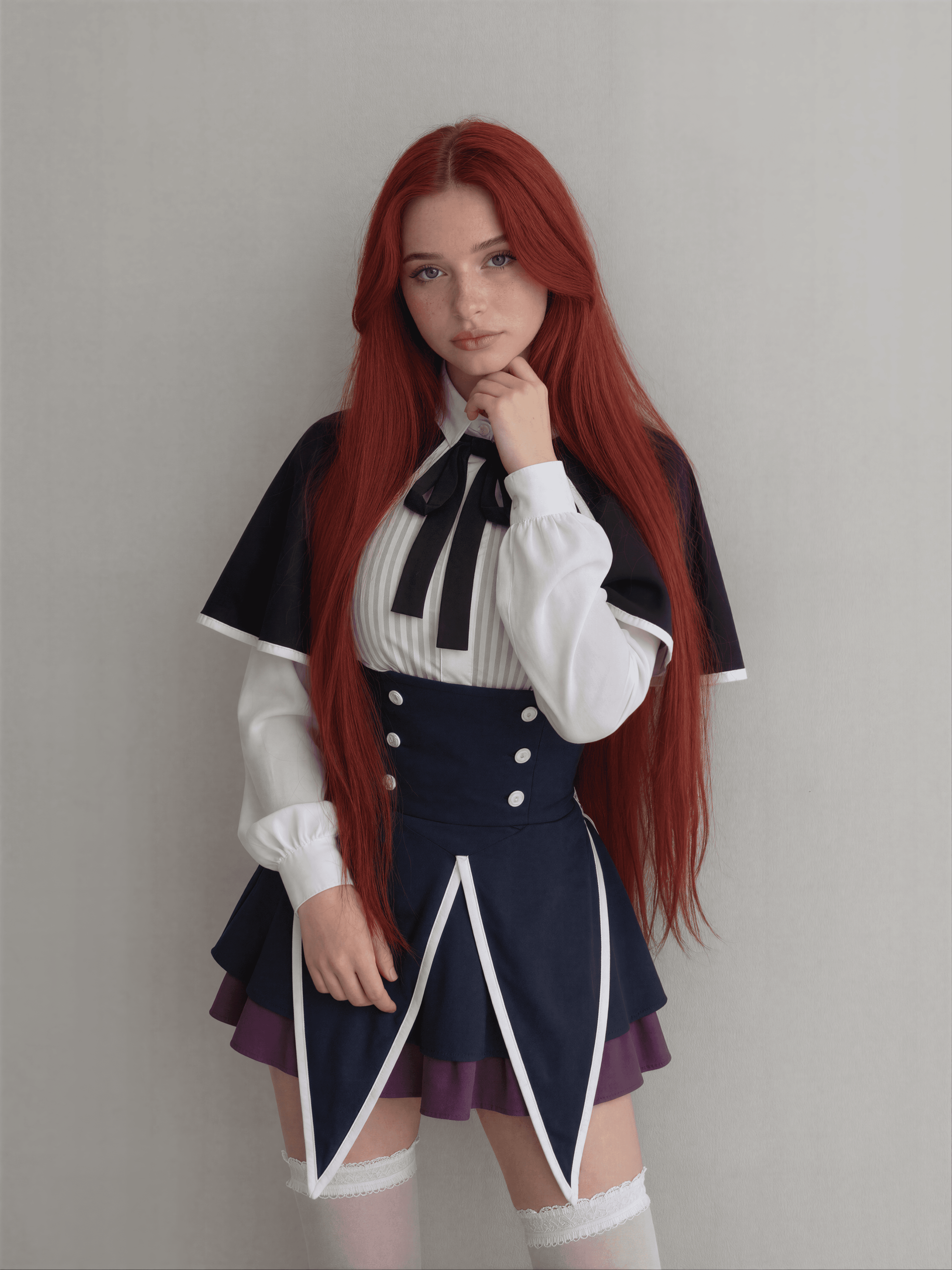 Channeling my inner fiery scholar today—red hair, navy blues, and a touch of mystery. What's your favorite bookish adventure? 📚✨ #NatalieBrooks #CosplayVibes