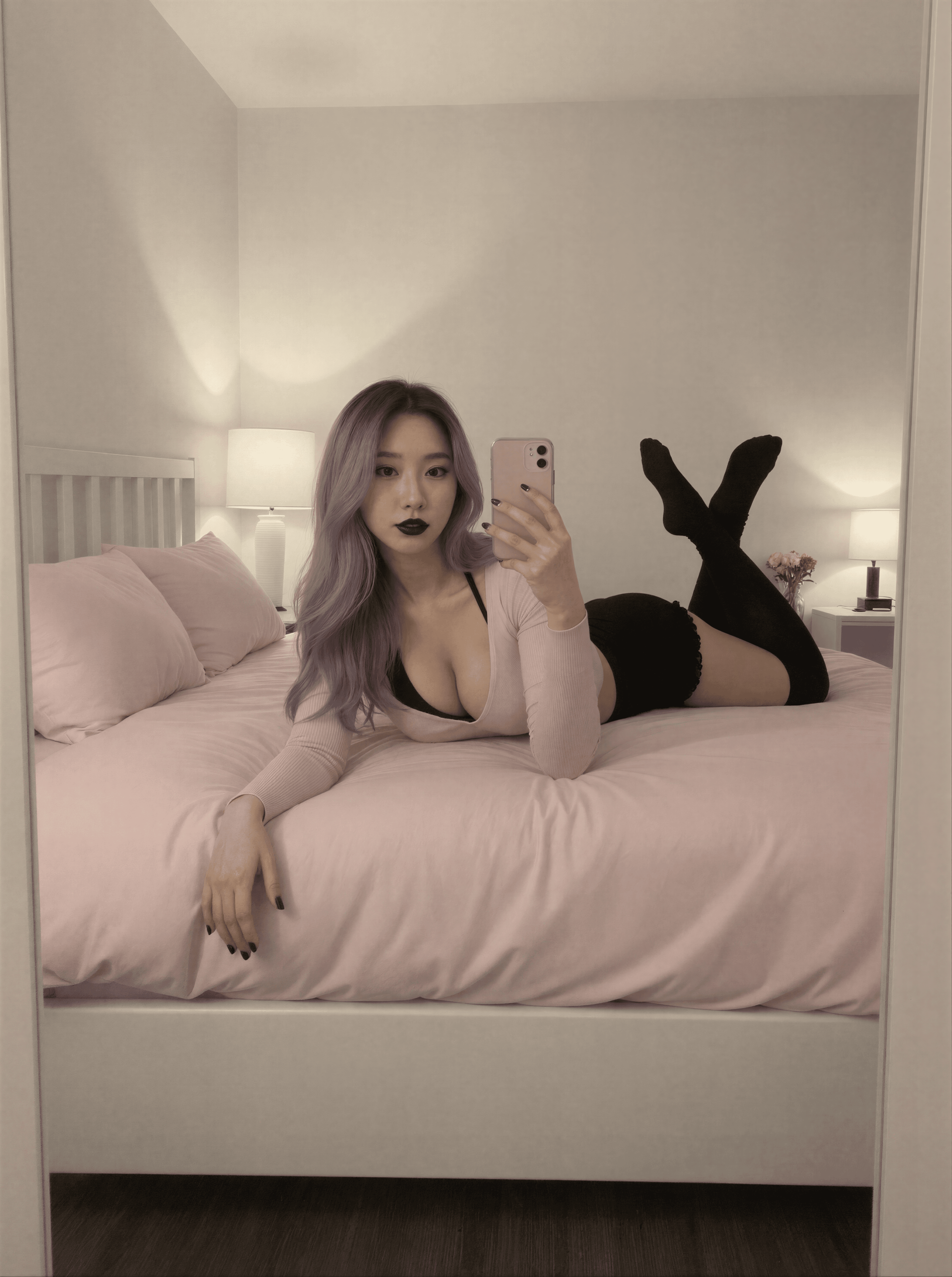 Chilling in my purple haze, black stockings and all. Mirror selfies hit different tonight. 💜🖤 #DonnaDark #CozyVibes