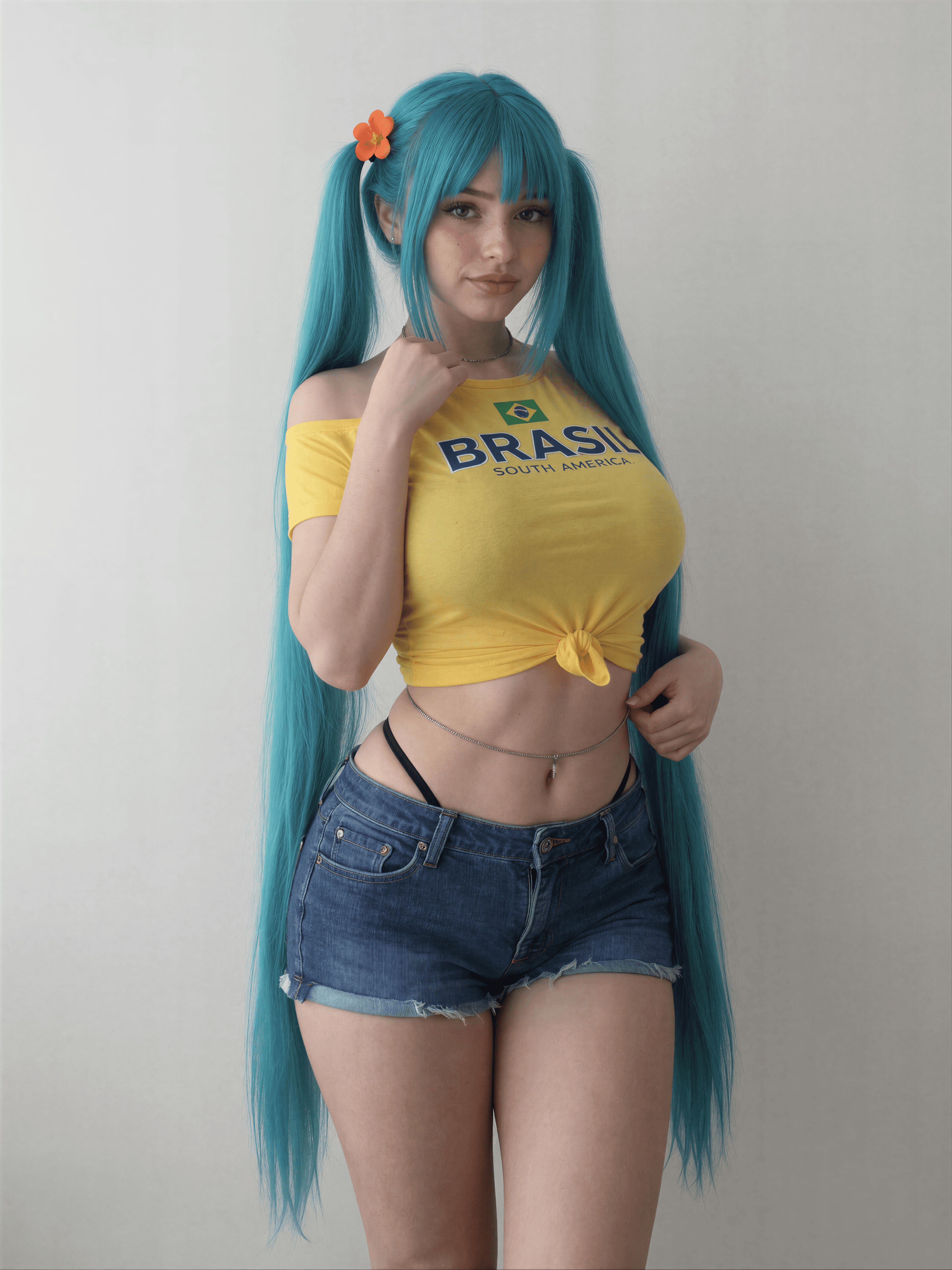 Feeling the samba vibes in my turquoise twin-tails and Brazil tee! 🌺🇧🇷 Who's ready to party? #NatalieBrooks #CosplayFun #BrazilianBeat