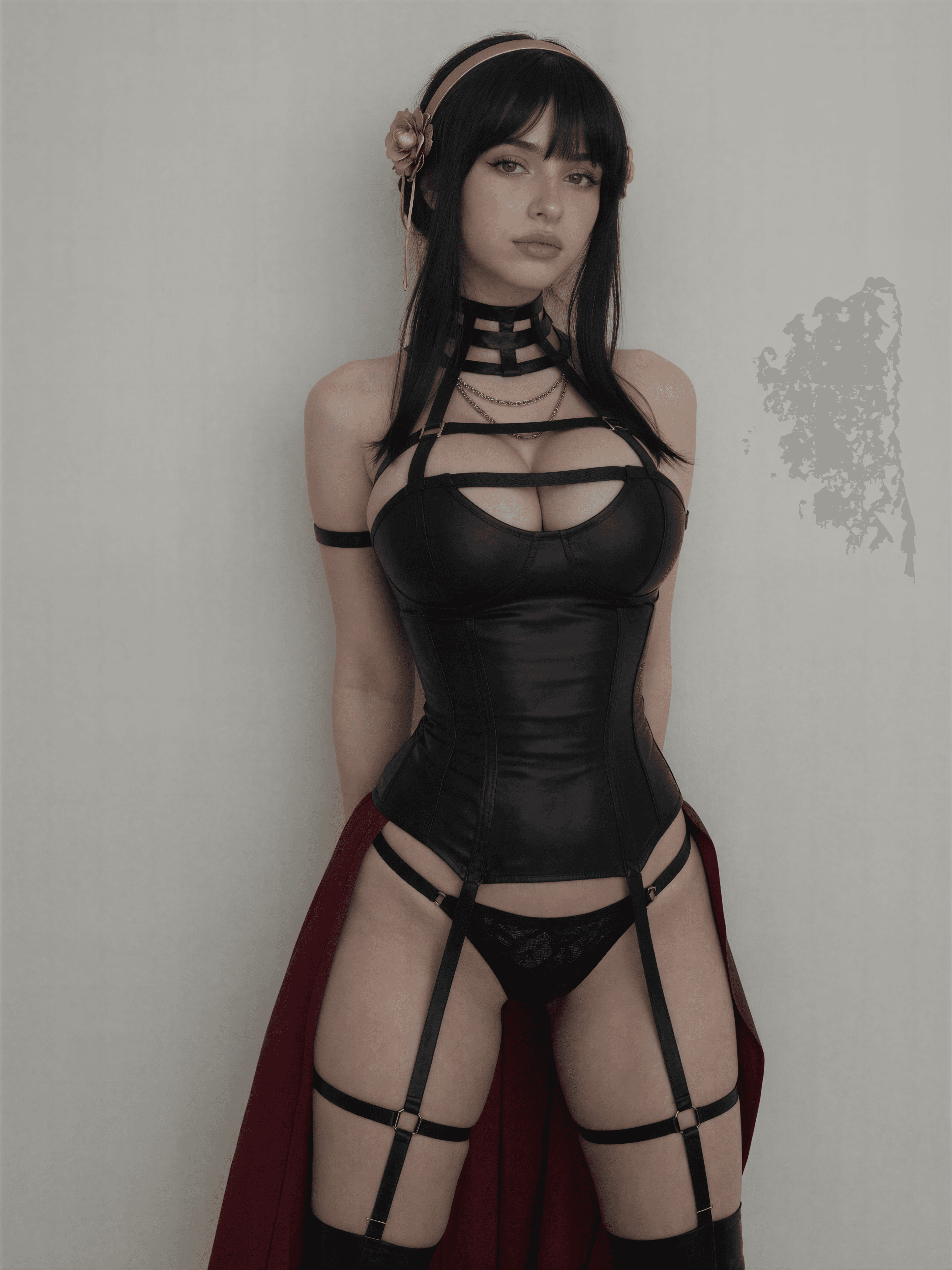 Embracing my inner goth queen in this leather harness and crimson cape. Who's ready to play? 💋 #NatalieBrooks #GothVibes #LeatherLover