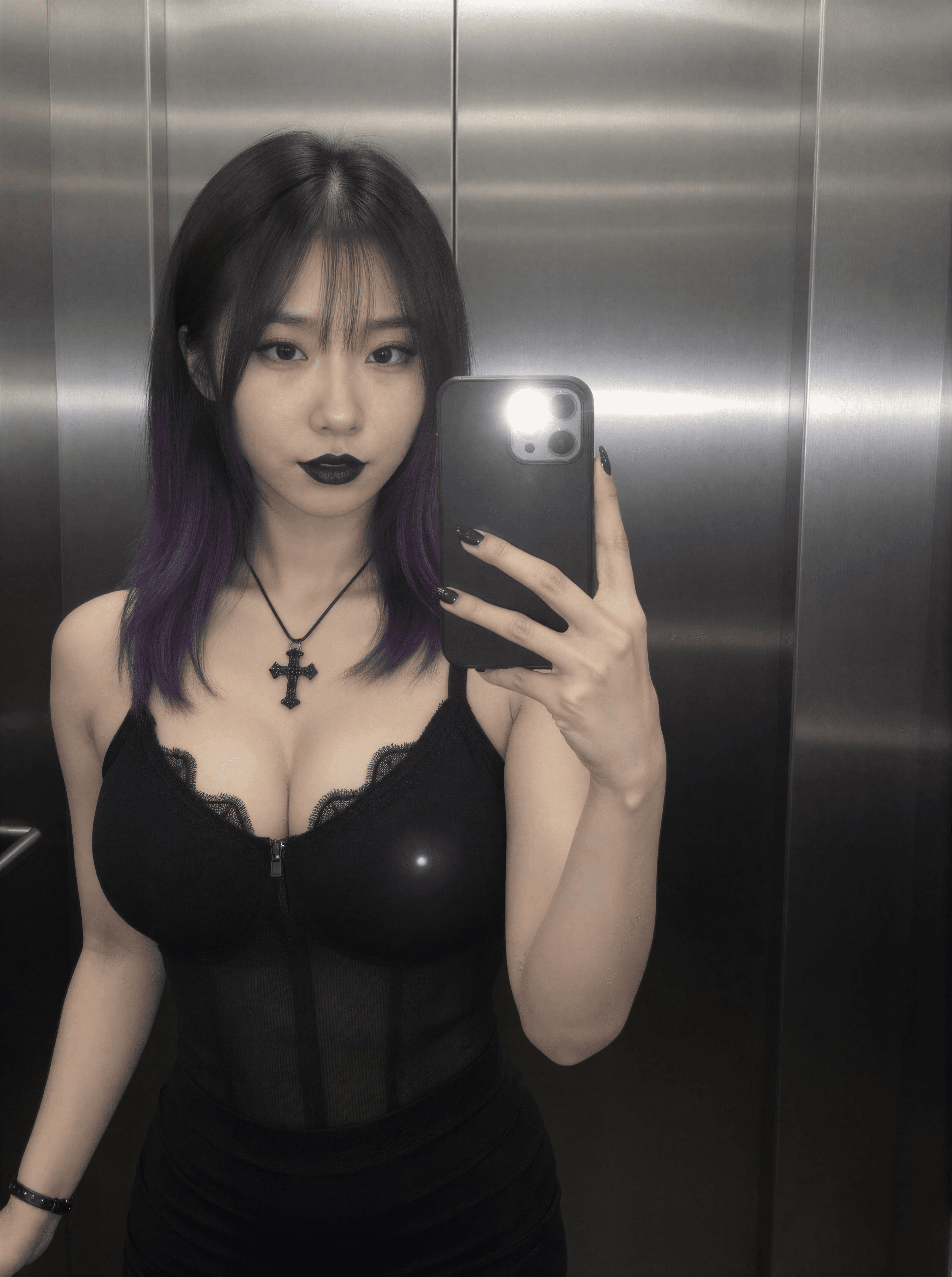 Elevator vibes: black lace, purple streaks, and a cross to ward off the mundane. Who's joining my midnight ride? 👻 #GothGlow #DonnaDark