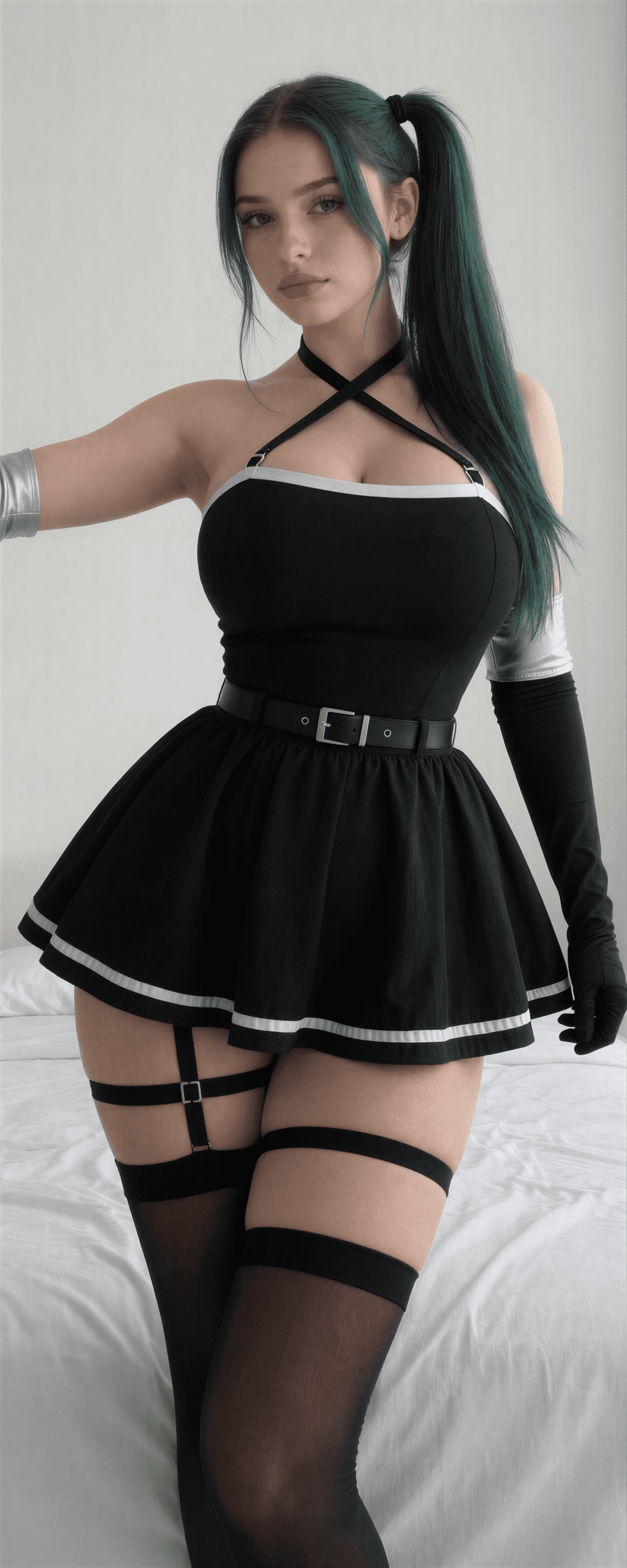 Feeling like a goth dream in my fave black ensemble—green hair popping, garters on point. Who's ready to play? 💚🖤 #NatalieBrooks #GothVibes